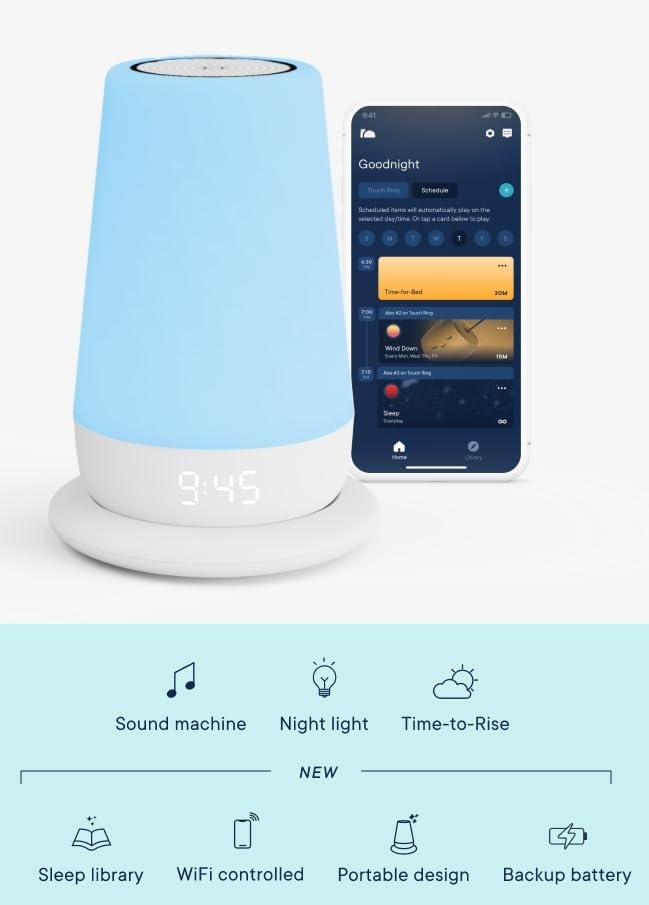 Hatch Rest+ night light glow in a dim room supports soothing routines.