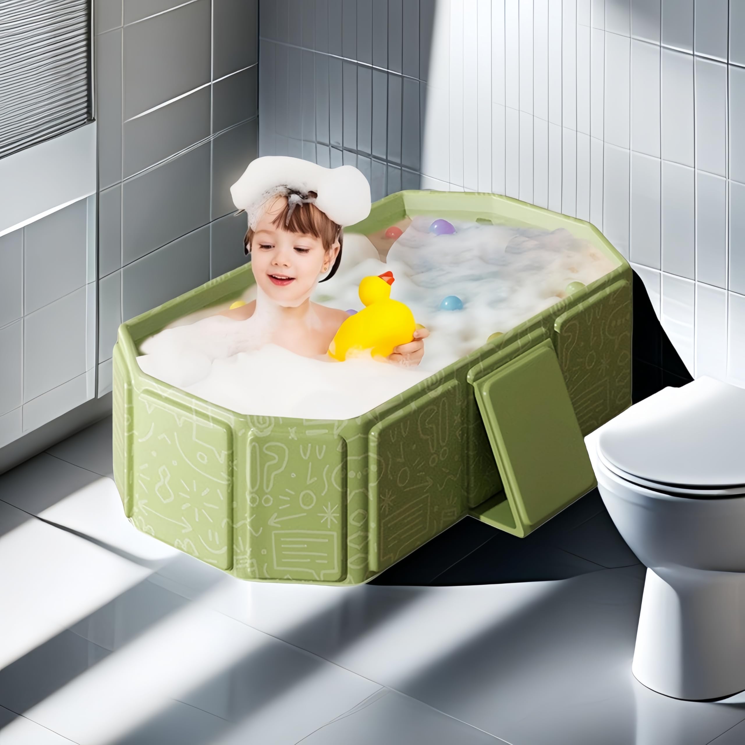 HatiLum foldable tub includes five balls and two ducks for interactive play.