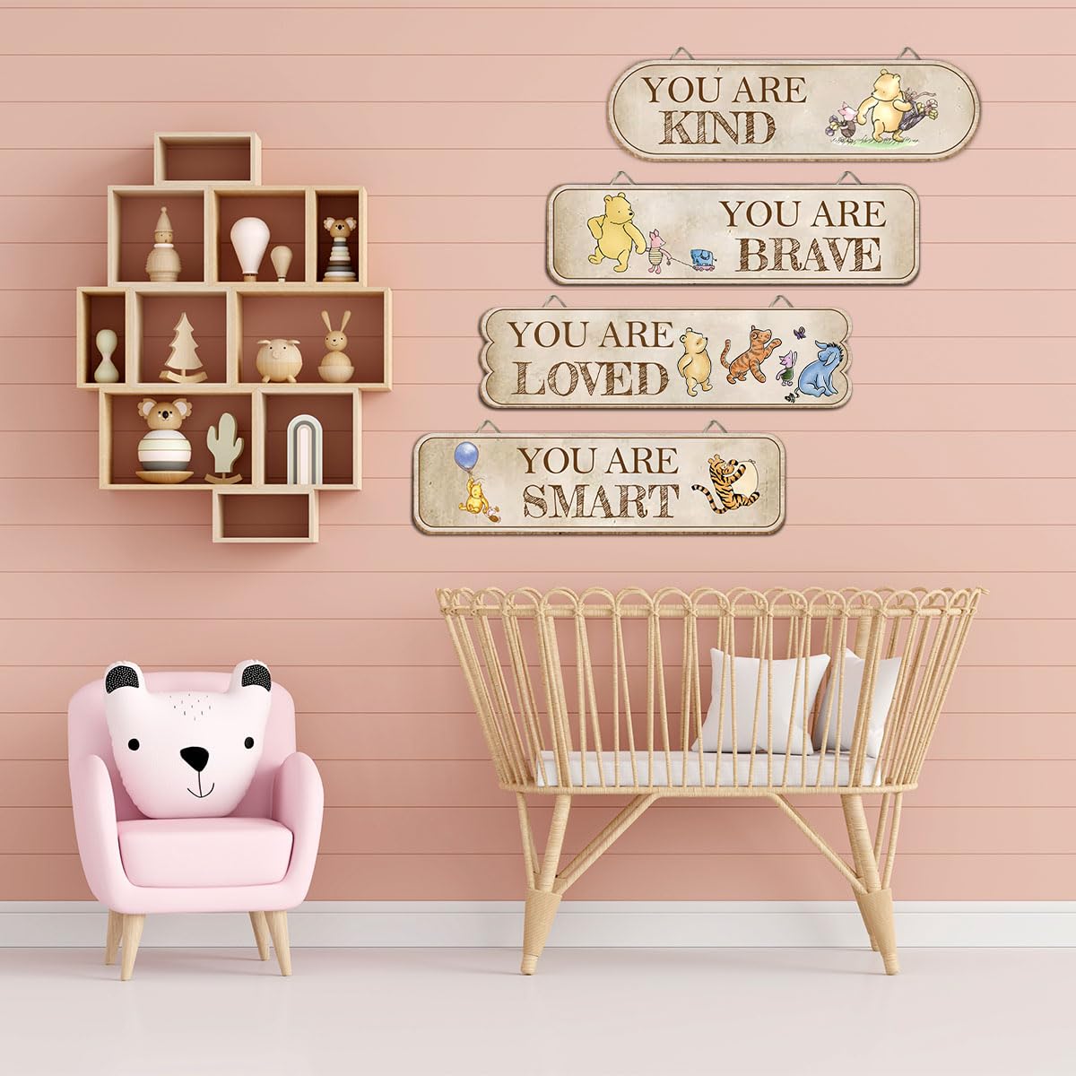 Hatzelou Winnie wall art brightens bedrooms with inspirational quotes.