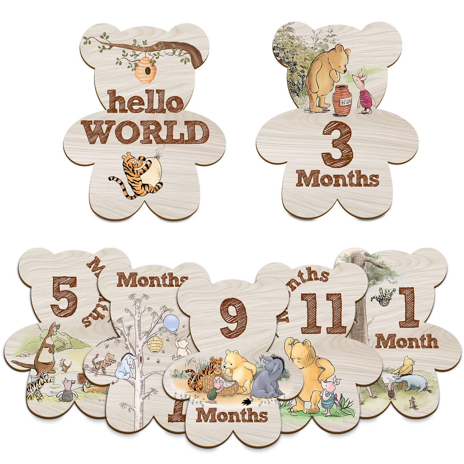 Hatzelou Winnie milestone signs, double-sided, durable wood for reusable monthly photos