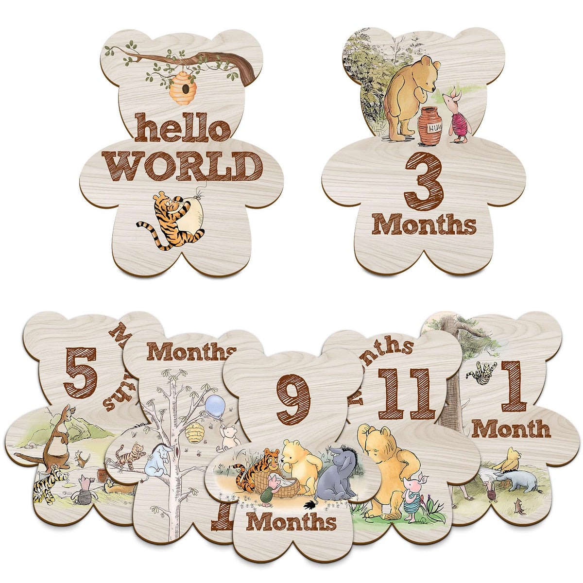 Hatzelou Winnie milestone signs, double-sided, durable wood for reusable monthly photos