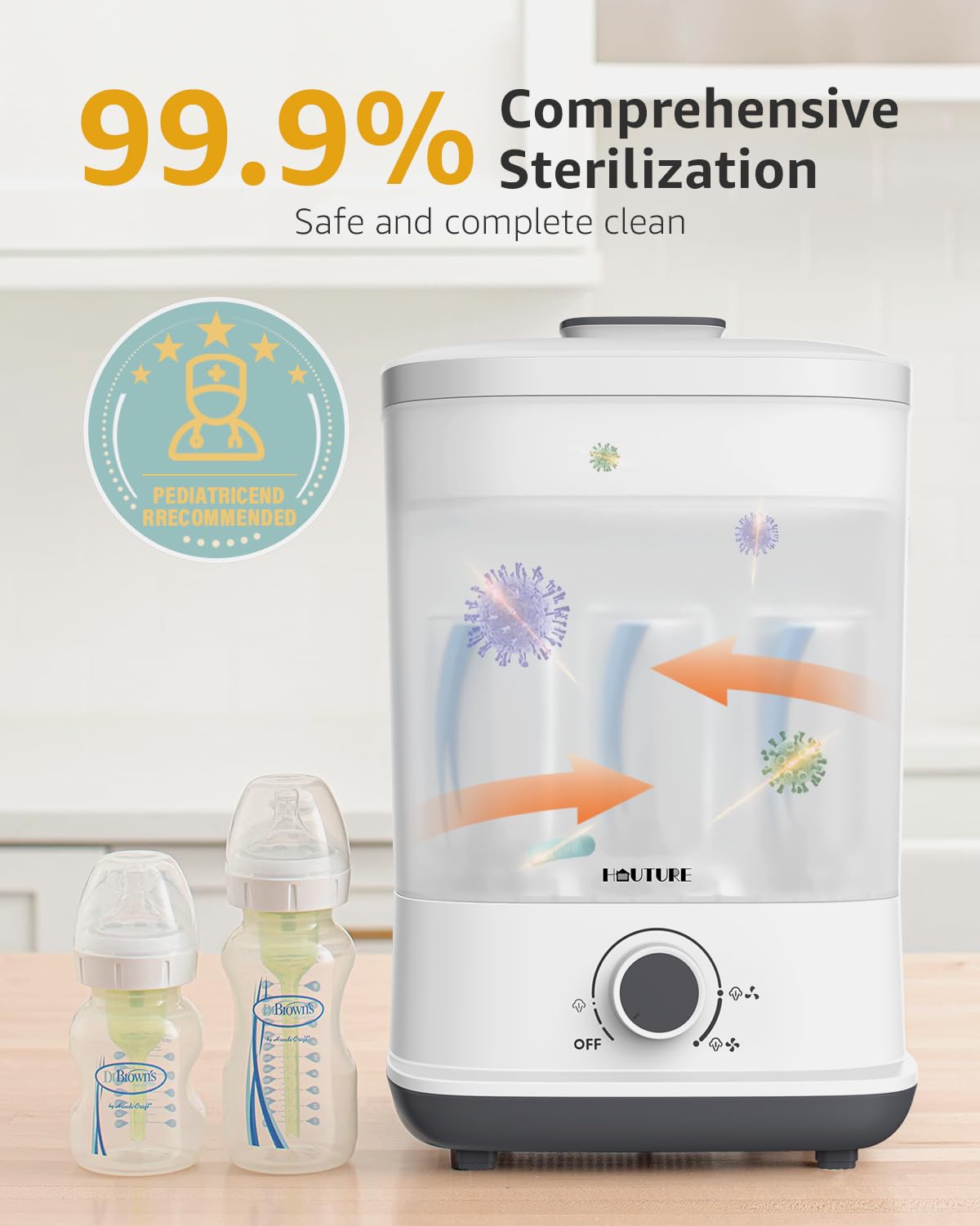 HAUTURE sterilizer uses 360° high-temperature steam for thorough cleaning.