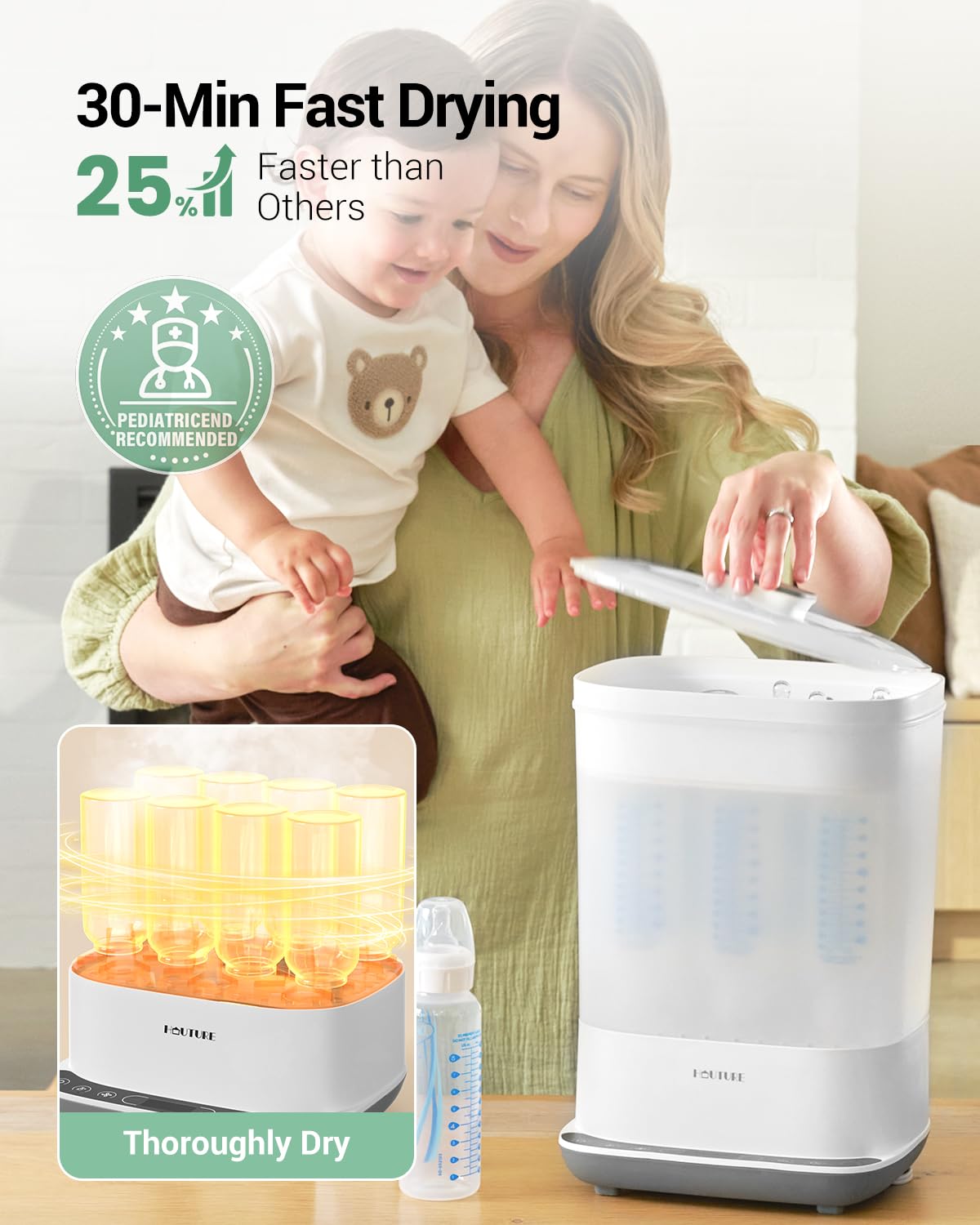 HAUTURE bottle sterilizer steam action delivers thorough sanitization with heat.