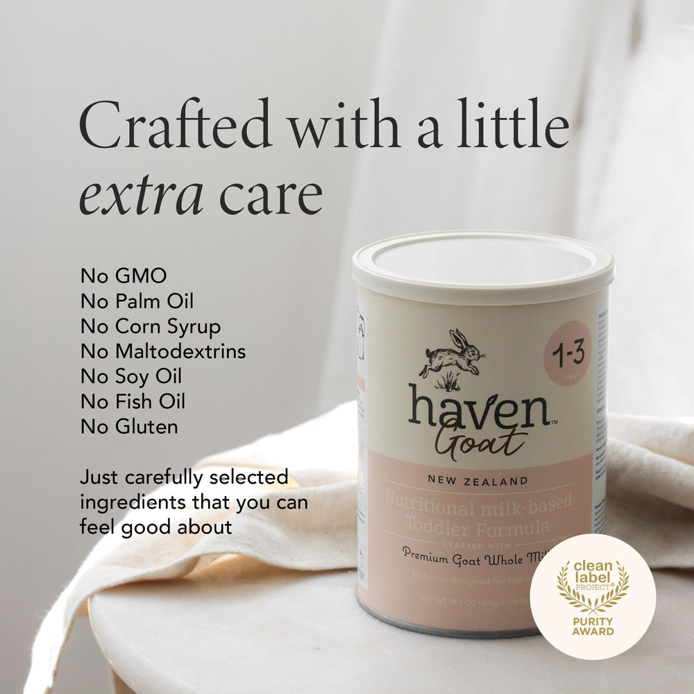 Haven Goat Toddler Formula bottle serves convenient nutrition at home or daycare.