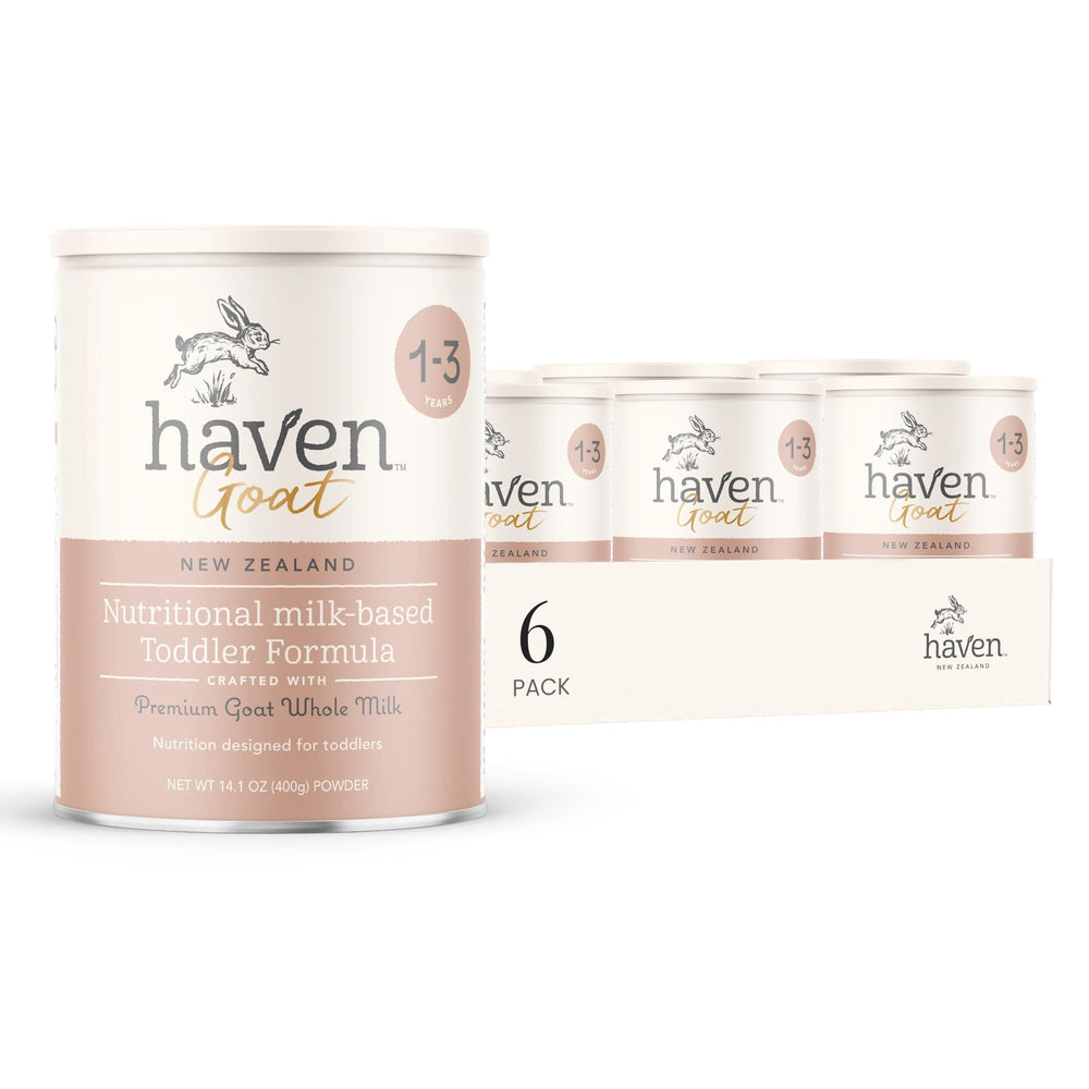 Haven Goat Toddler Formula canister shows grass-fed ingredients for gentle daily nutrition.