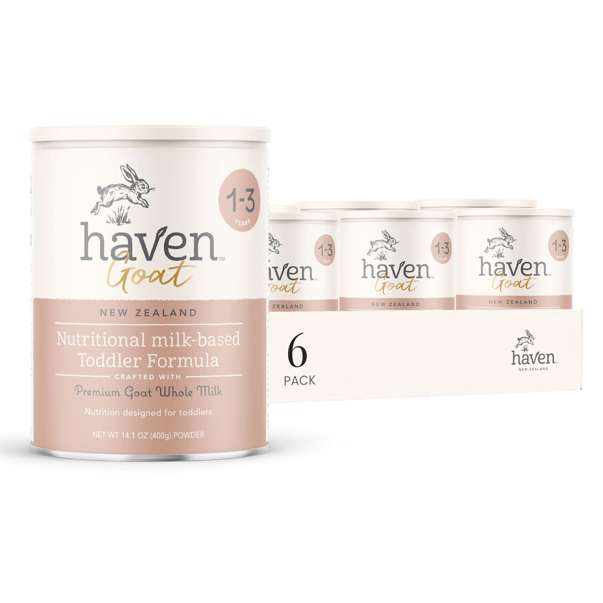 Haven Goat Toddler Formula canister shows grass-fed ingredients for gentle daily nutrition.