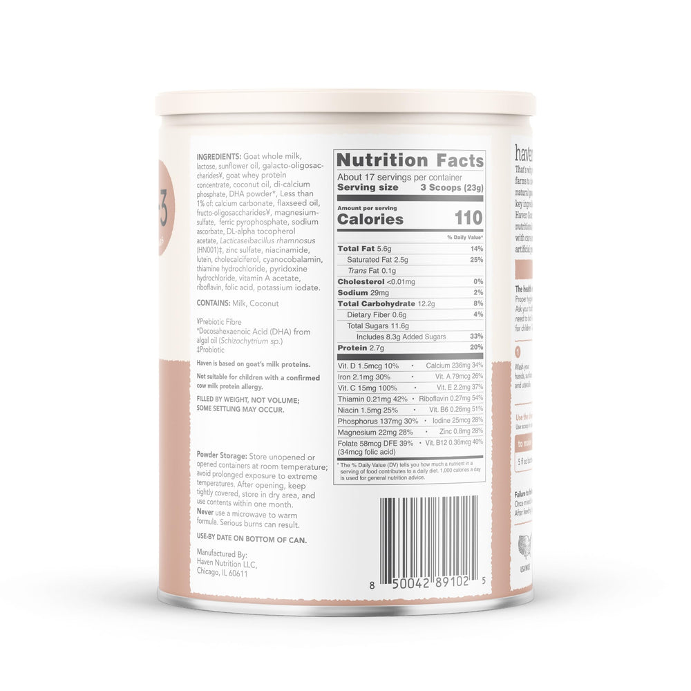 Haven Goat Toddler Formula non-GMO badge underscores clean ingredient promise.