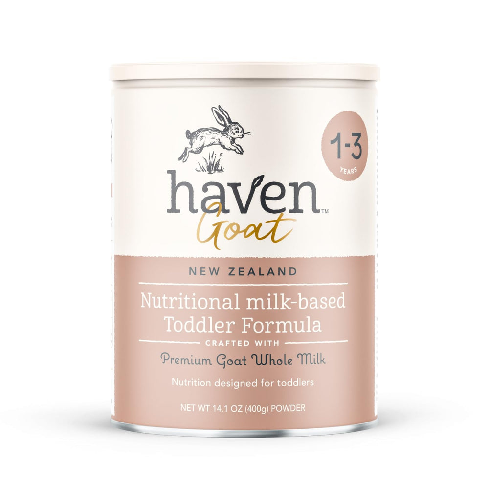 Haven Goat Toddler Formula bottle poured for gentle digestion during snack time