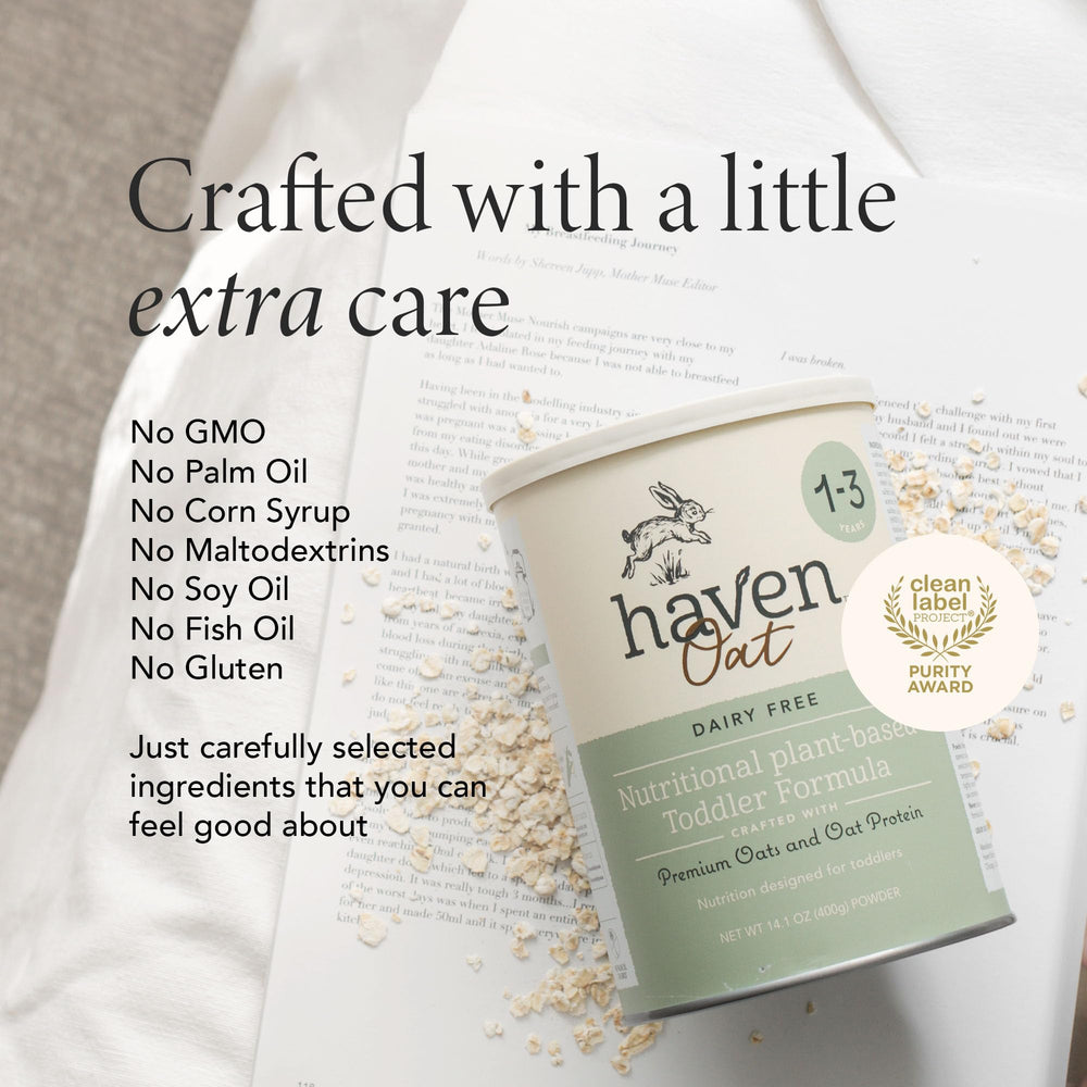Haven Oat Toddler Digestive Support shows prebiotics and probiotics for gut-friendly routine.