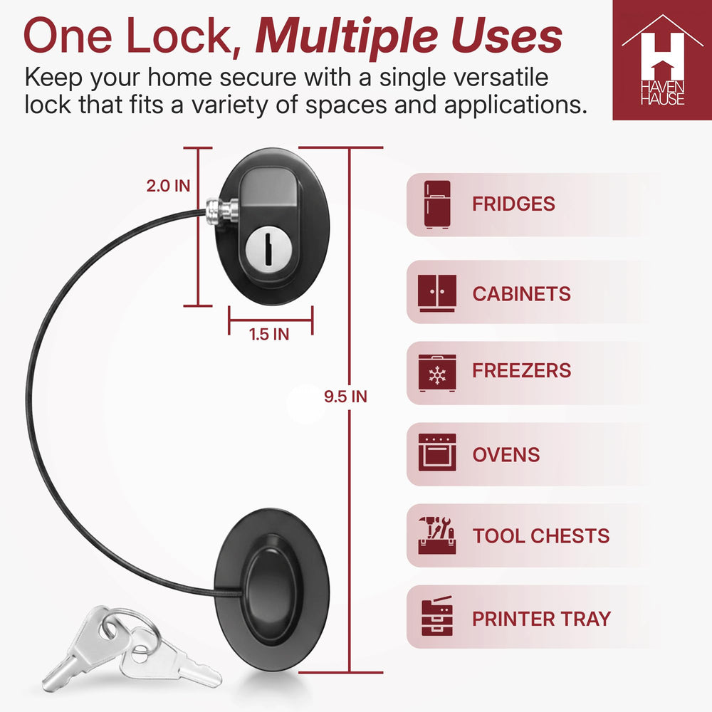 HAVENHAUSE lock on cabinet keeps dangerous items out of reach for kids.