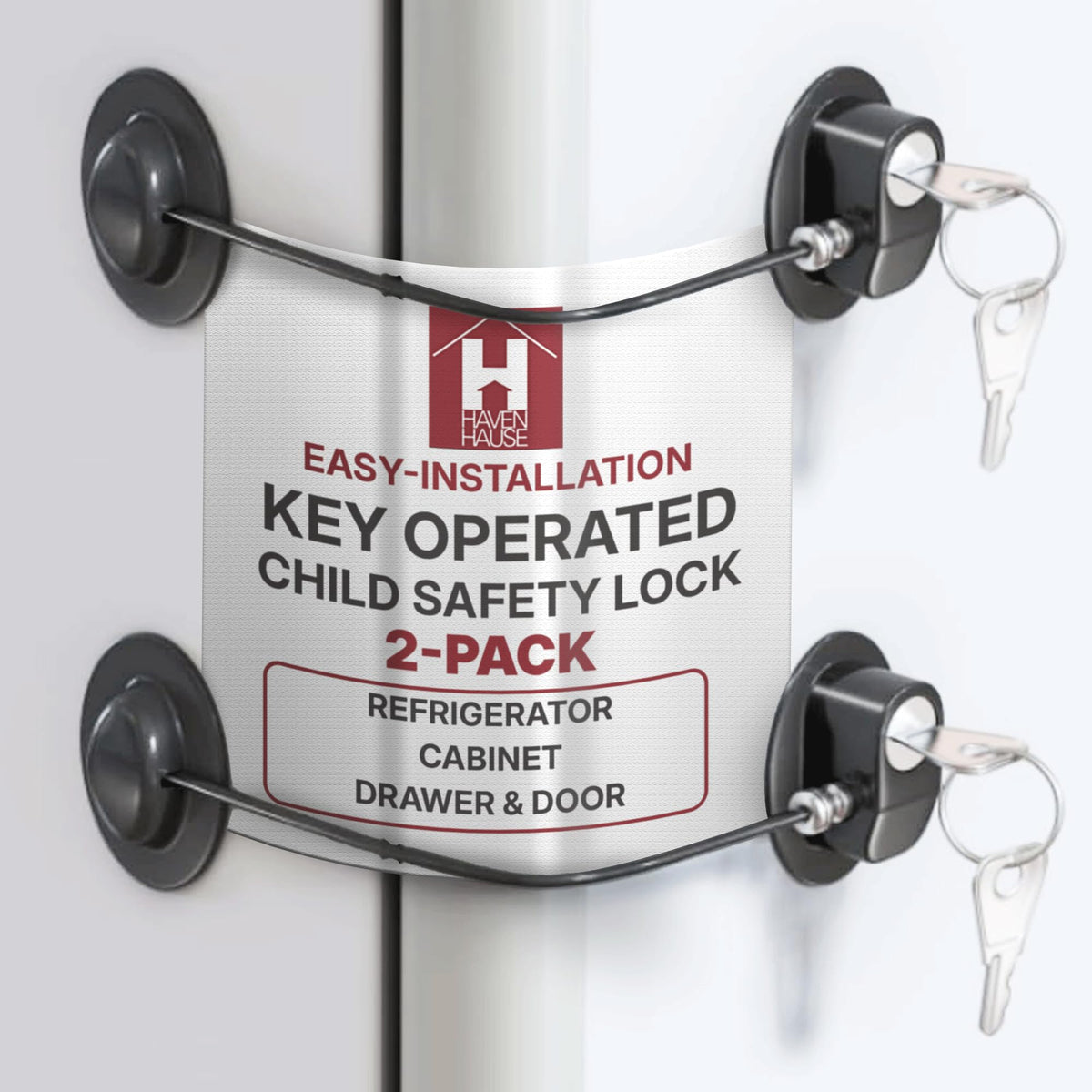 HAVENHAUSE child safety lock on refrigerator secures access and protects snacks.