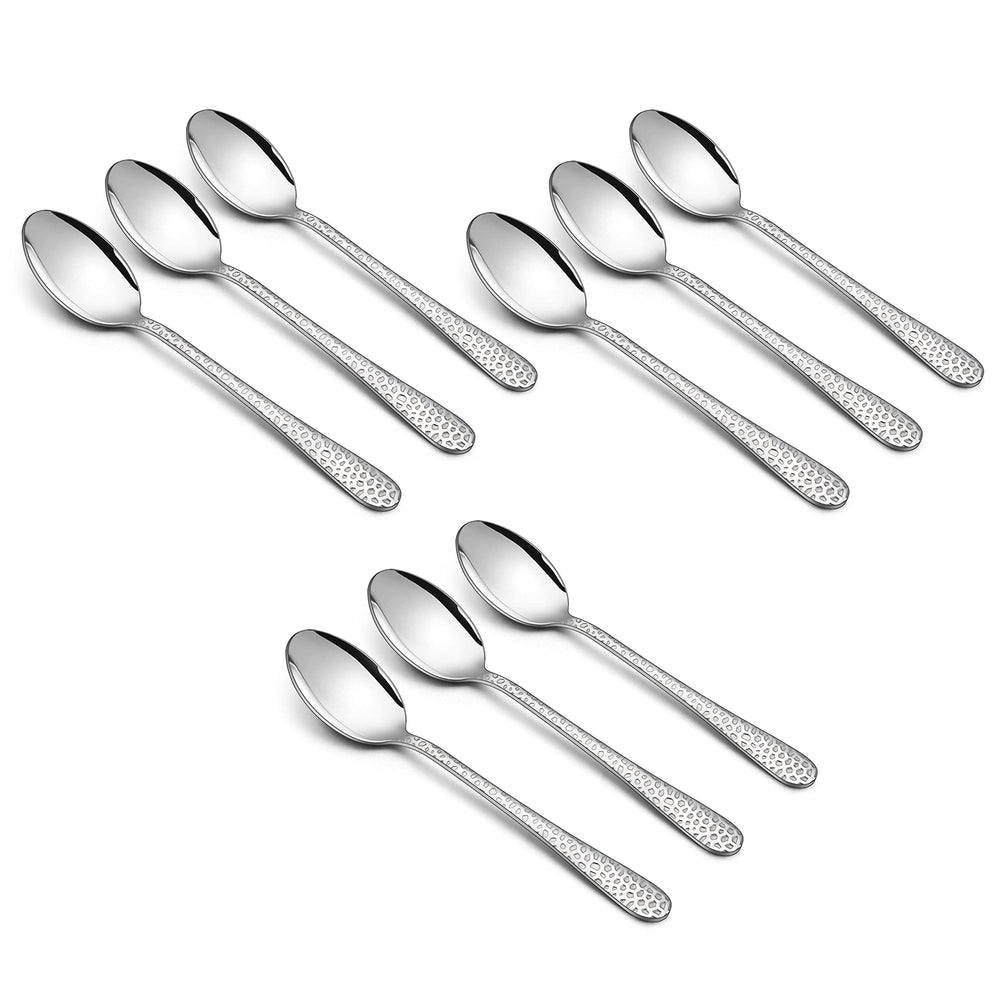 HaWare 9-piece kids spoons close-up hammered pattern for easy grip.