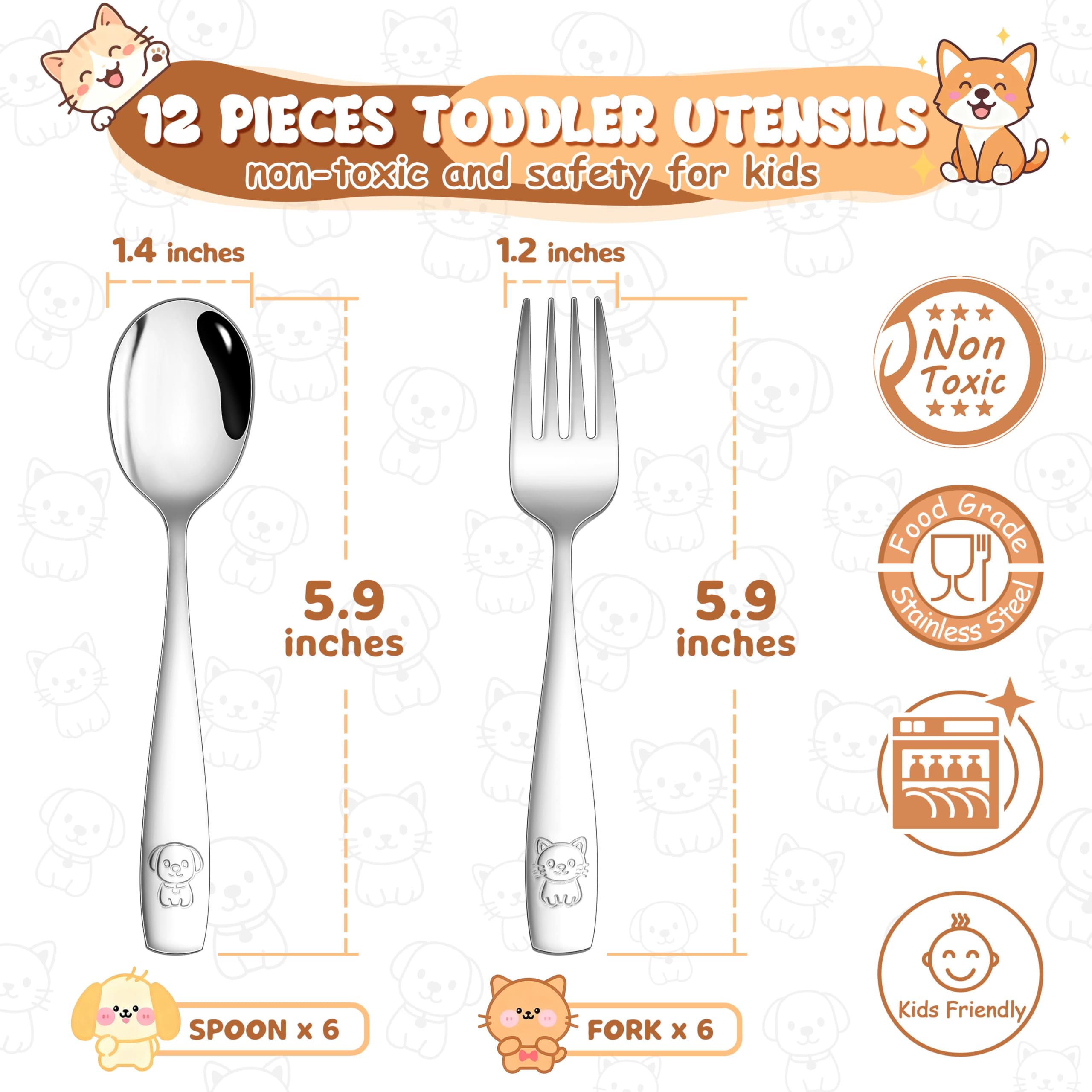 HaWare toddler utensils cat-dog-handle close-up illustrating animal-themed design.