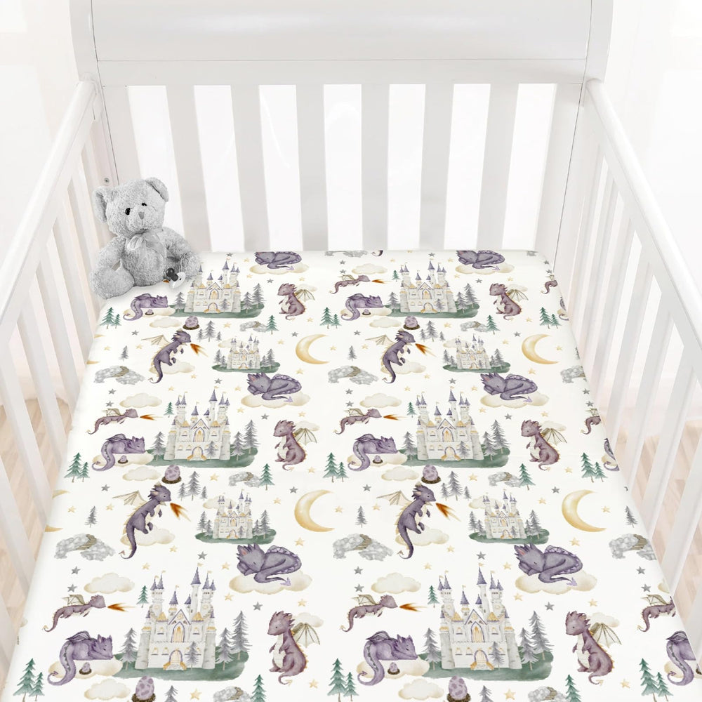 HawSkgFub dragon-fairy-tale-crib-sheet with dragon-egg motif sparks imaginative bedtime in a cozy nursery.