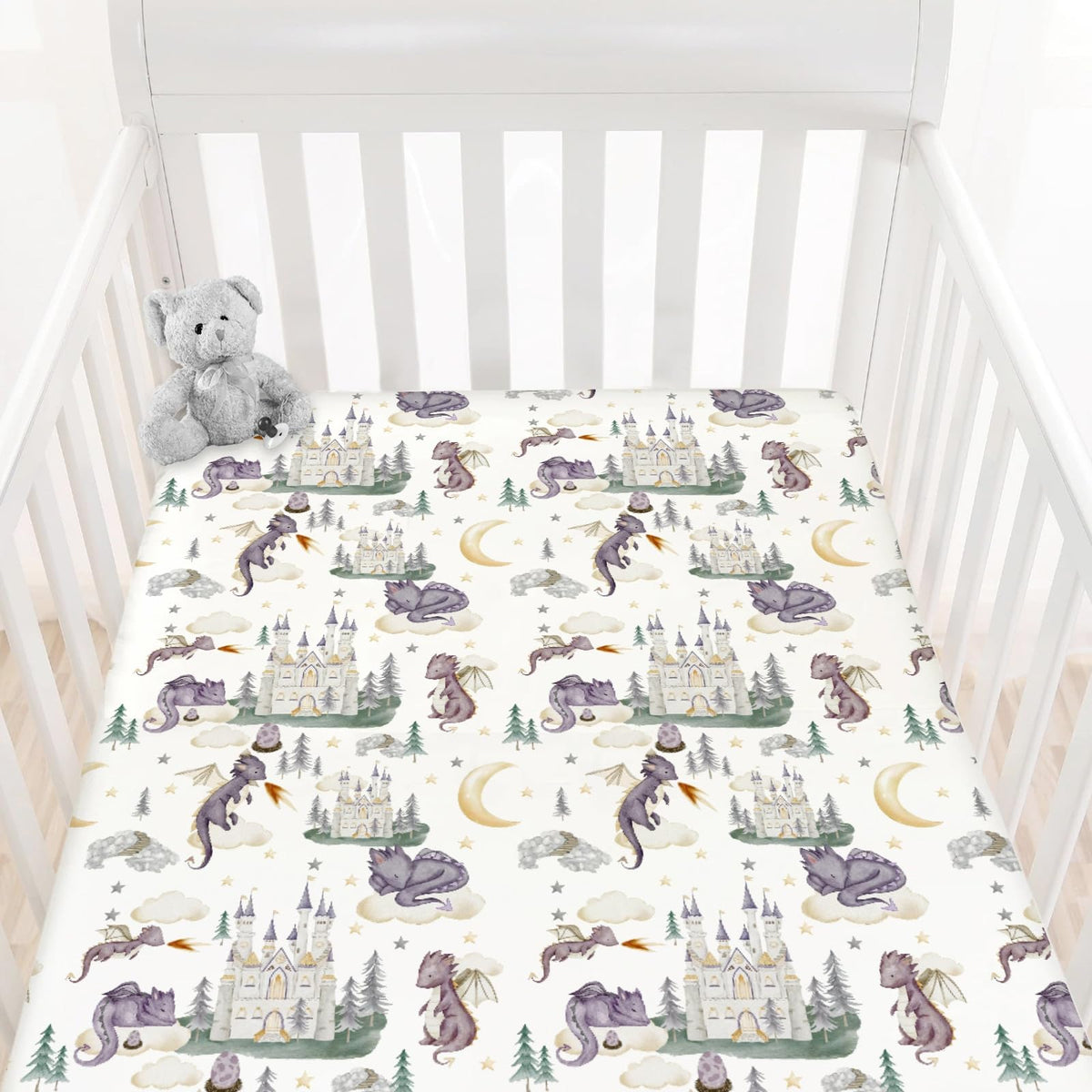 HawSkgFub dragon-fairy-tale-crib-sheet with dragon-egg motif sparks imaginative bedtime in a cozy nursery.