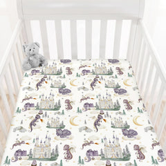 HawSkgFub dragon-fairy-tale-crib-sheet with dragon-egg motif sparks imaginative bedtime in a cozy nursery.