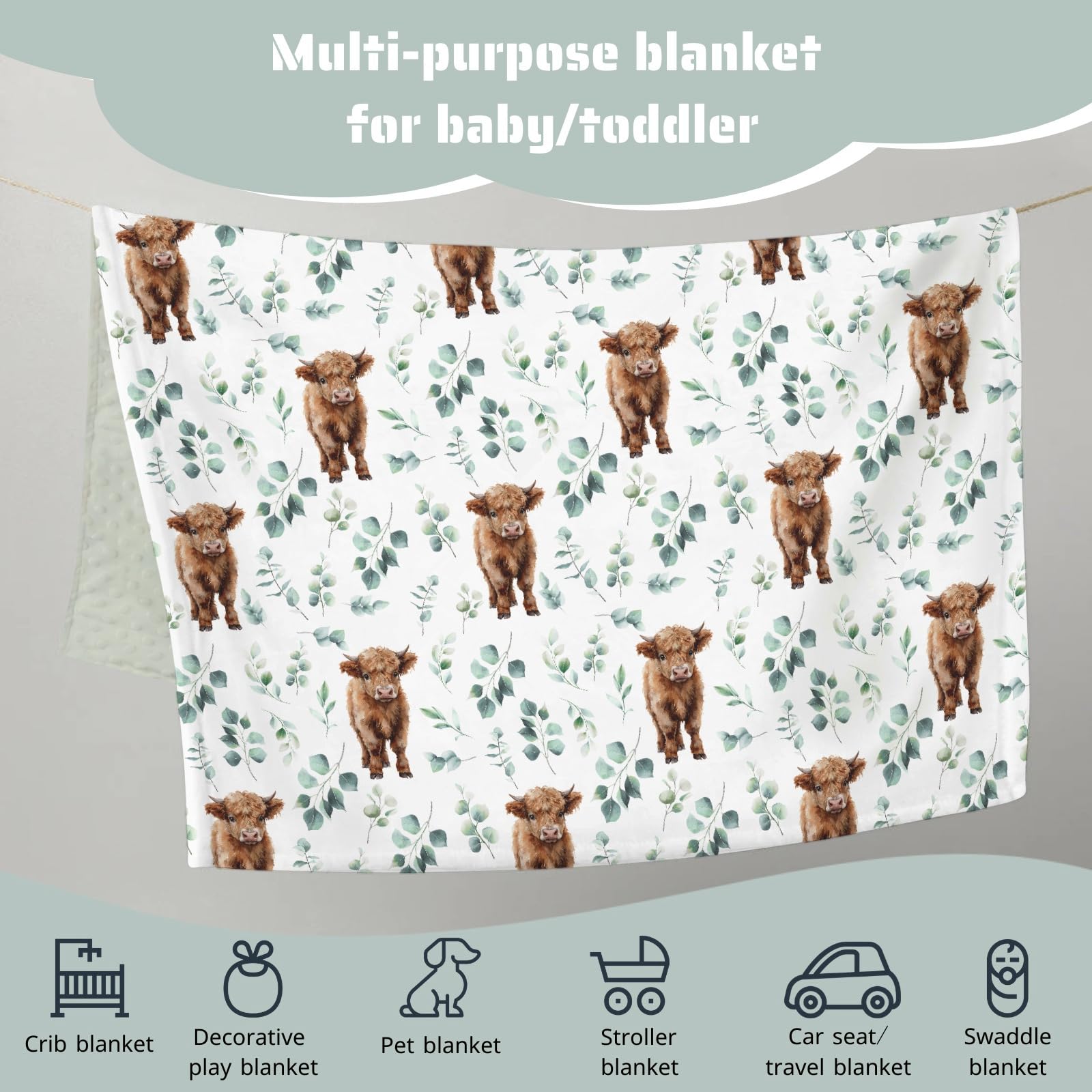 HawSkgFub Highland Cow Eucalyptus Leaf Mink Blanket dotted-back detail adds playful nursery style.