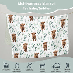 HawSkgFub Highland Cow Eucalyptus Leaf Mink Blanket dotted-back detail adds playful nursery style.