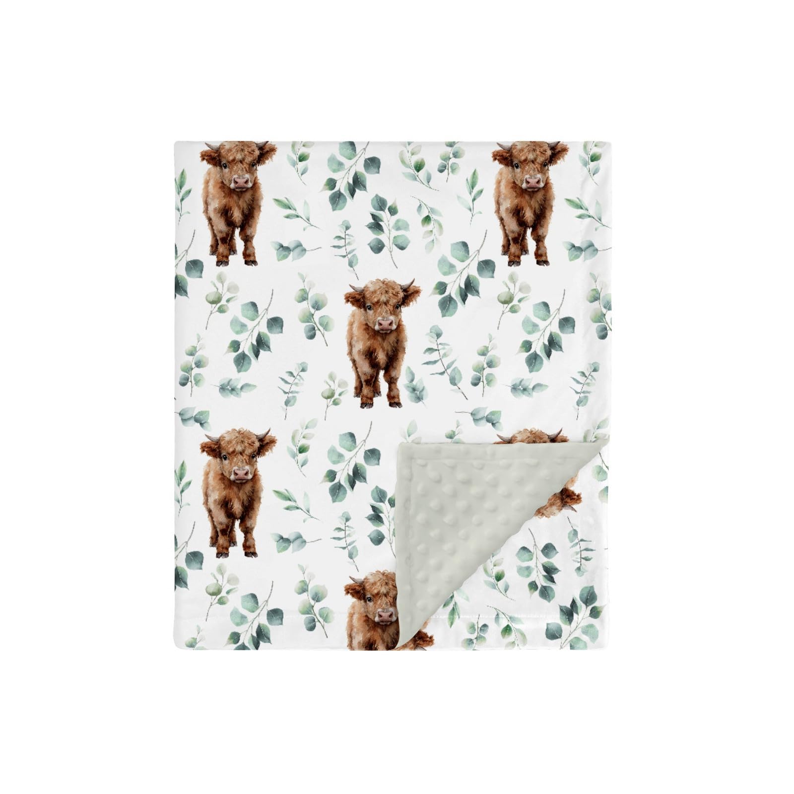 HawSkgFub Highland Cow Eucalyptus Leaf Mink Blanket front view shows cozy newborn comfort.