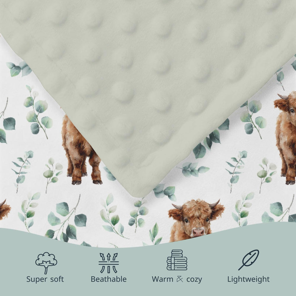 HawSkgFub Highland Cow Eucalyptus Leaf Mink Blanket in crib shows nap-time versatility.