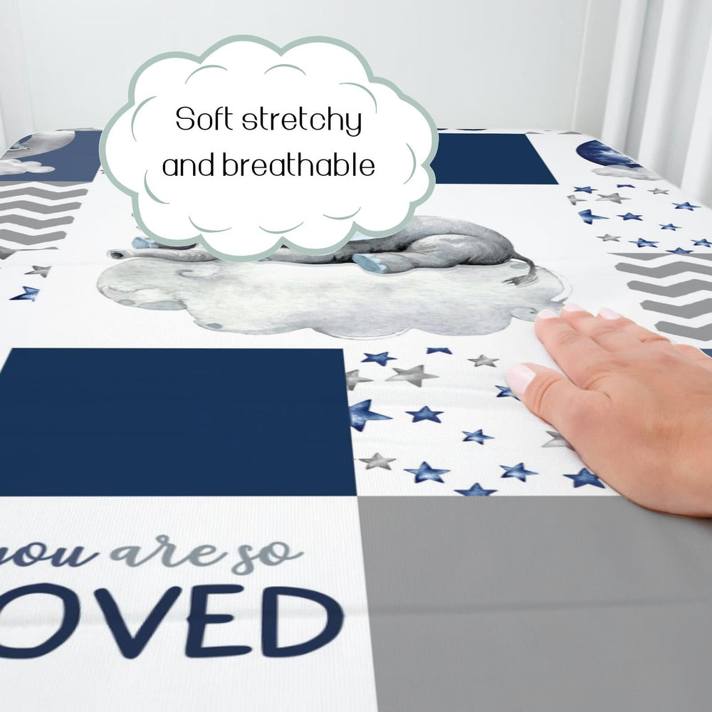 HawSkgFub navy blue elephant crib sheet closeup—soft, durable fabric for daily use.