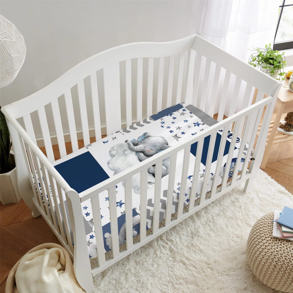 HawSkgFub navy blue elephant sheet image—nursery decor and easy care.