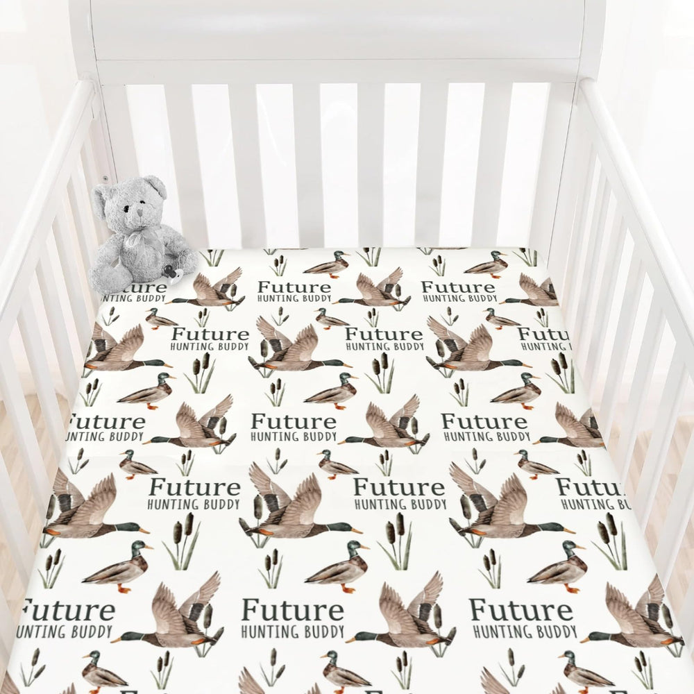 HawSkgFub Future Duck Hunting Buddy crib sheet, 52x28, with snug elastic fit.