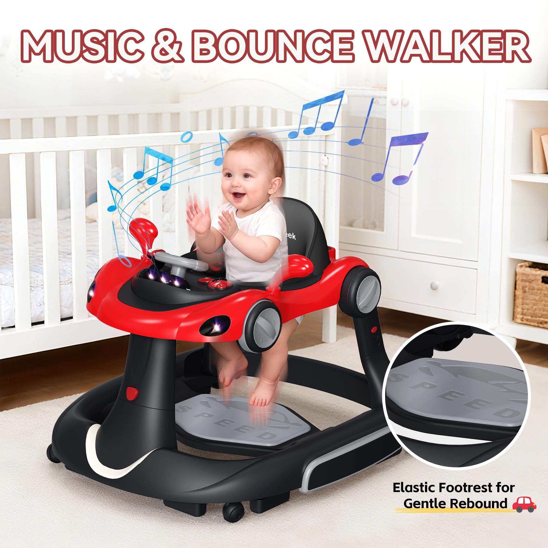 HAWEEK Baby Walker with Wheels red bouncing pedal offers gentle movement for leg practice