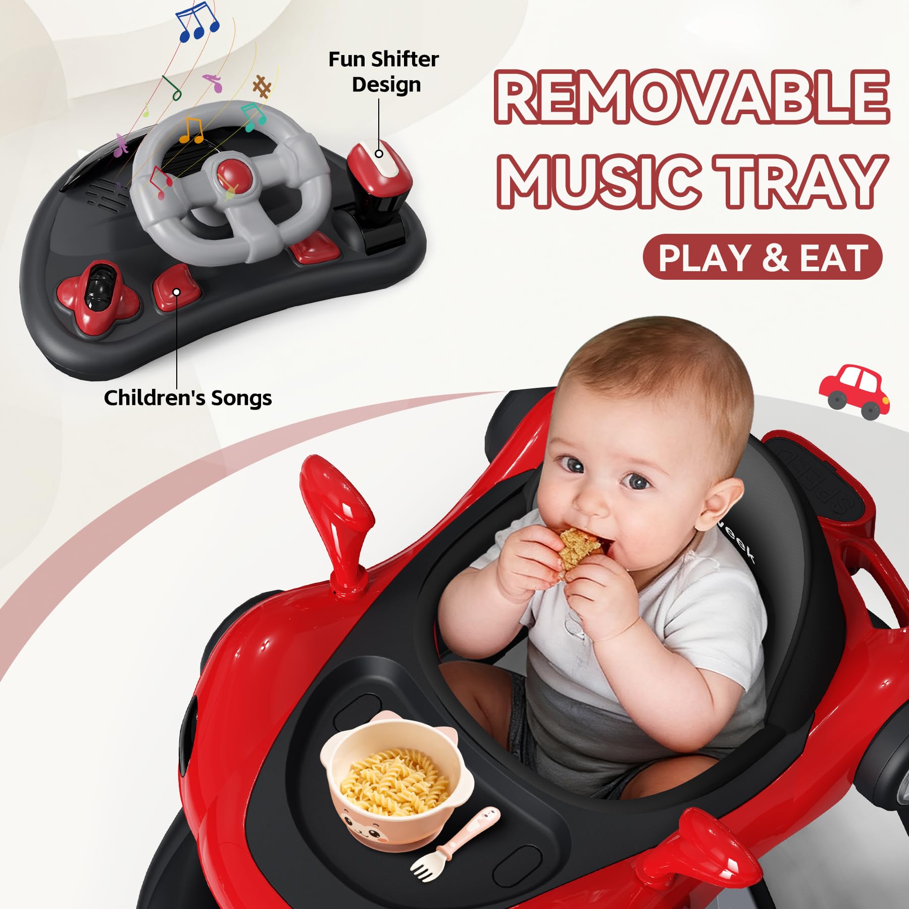 HAWEEK Baby Walker with Wheels red music panel provides engaging melodies during play