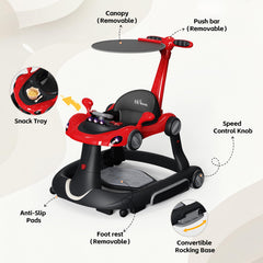 HAWEEK Baby Walker with Wheels red side view highlights ergonomic support for early walking