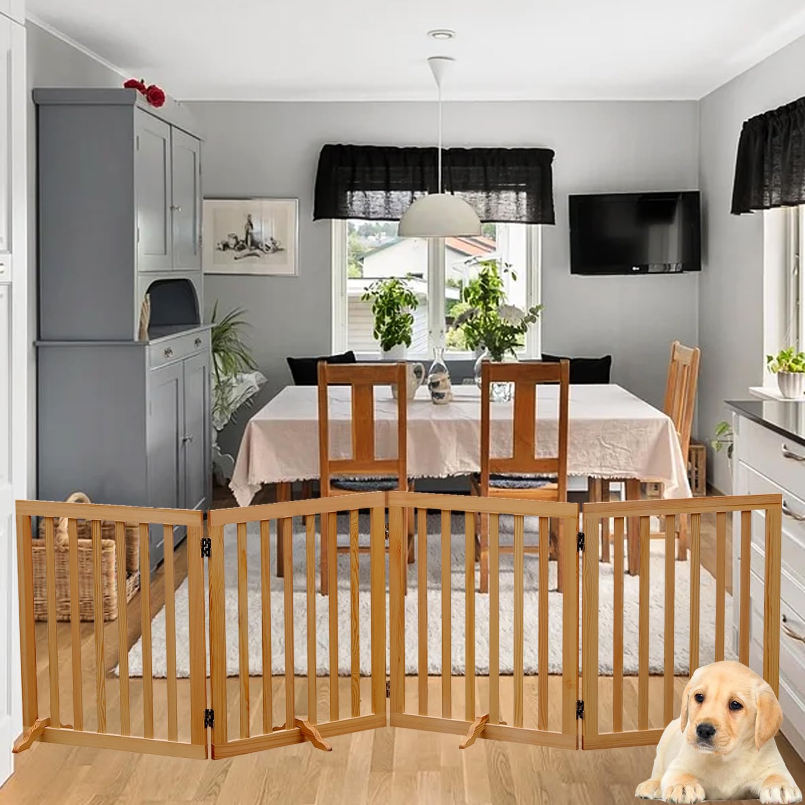 HAXIMWO6 four-panel gate stands freestanding for flexible placement.