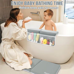 Haxmuti elbow-rest mesh pouches store toys and washcloths within easy reach
