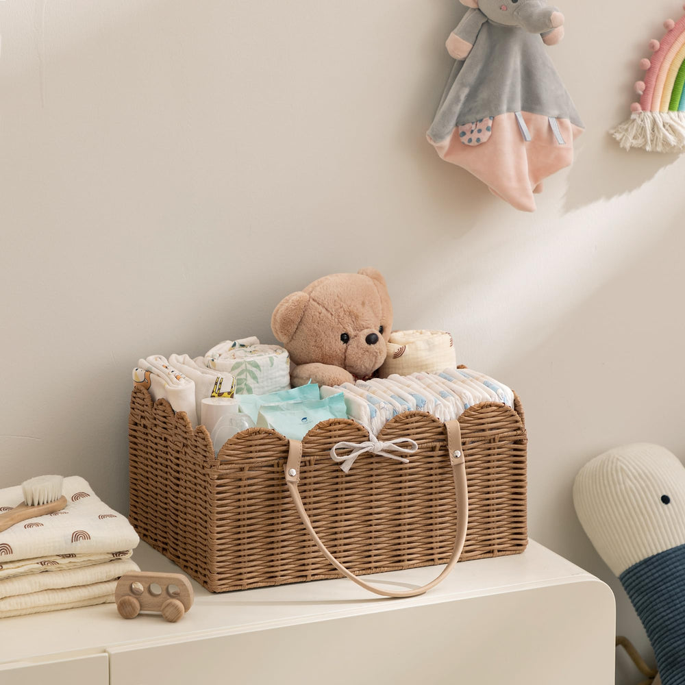 HBlife diaper caddy-basket-base-divider enables organized storage with a divider.