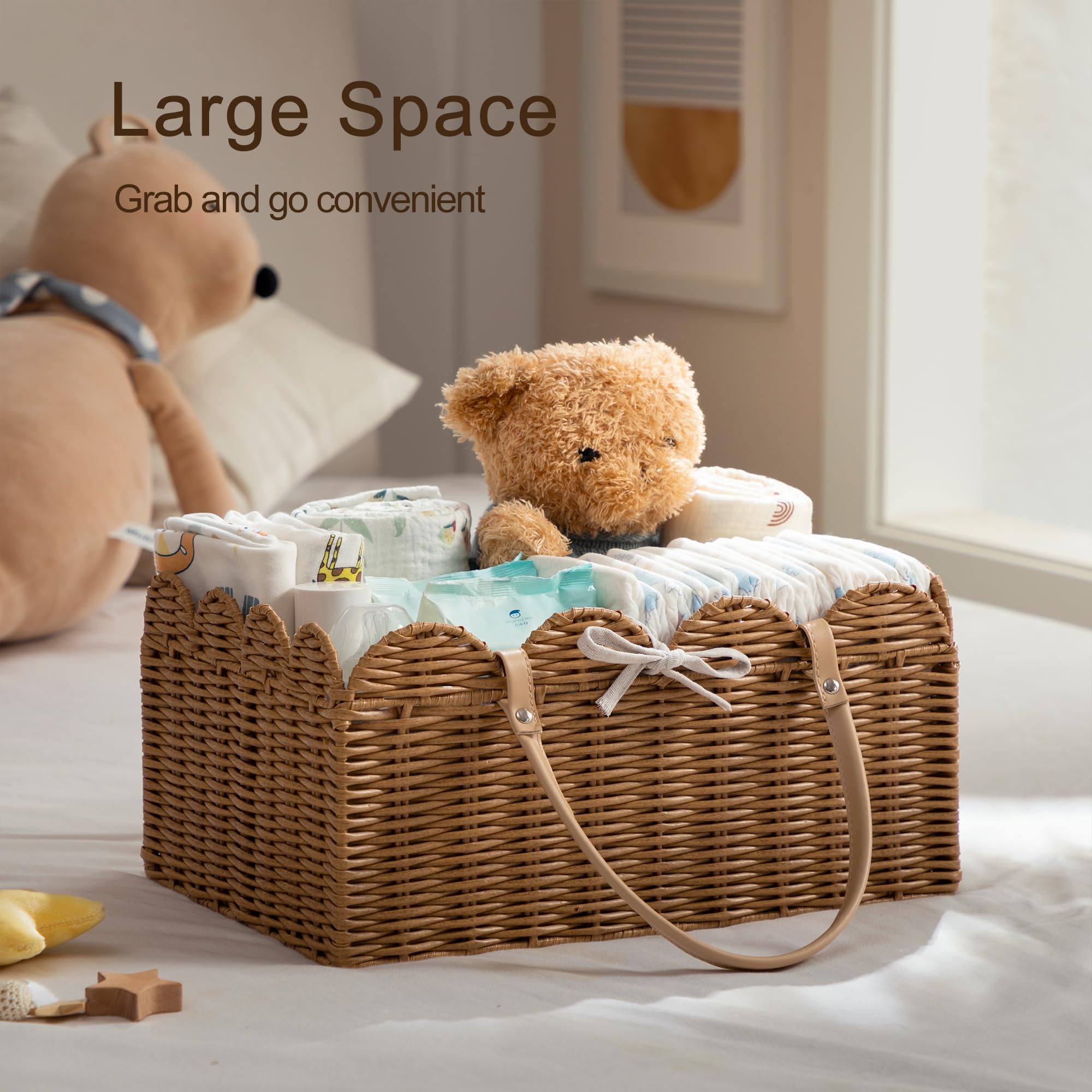 HBlife diaper caddy basket-stitched-wicker demonstrates durable craftsmanship for busy nurseries.