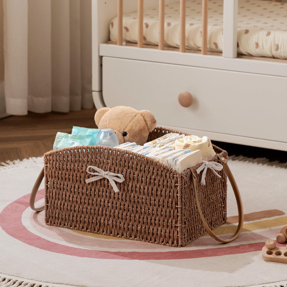 HBlife handwoven paper rope basket adds natural texture to nursery.