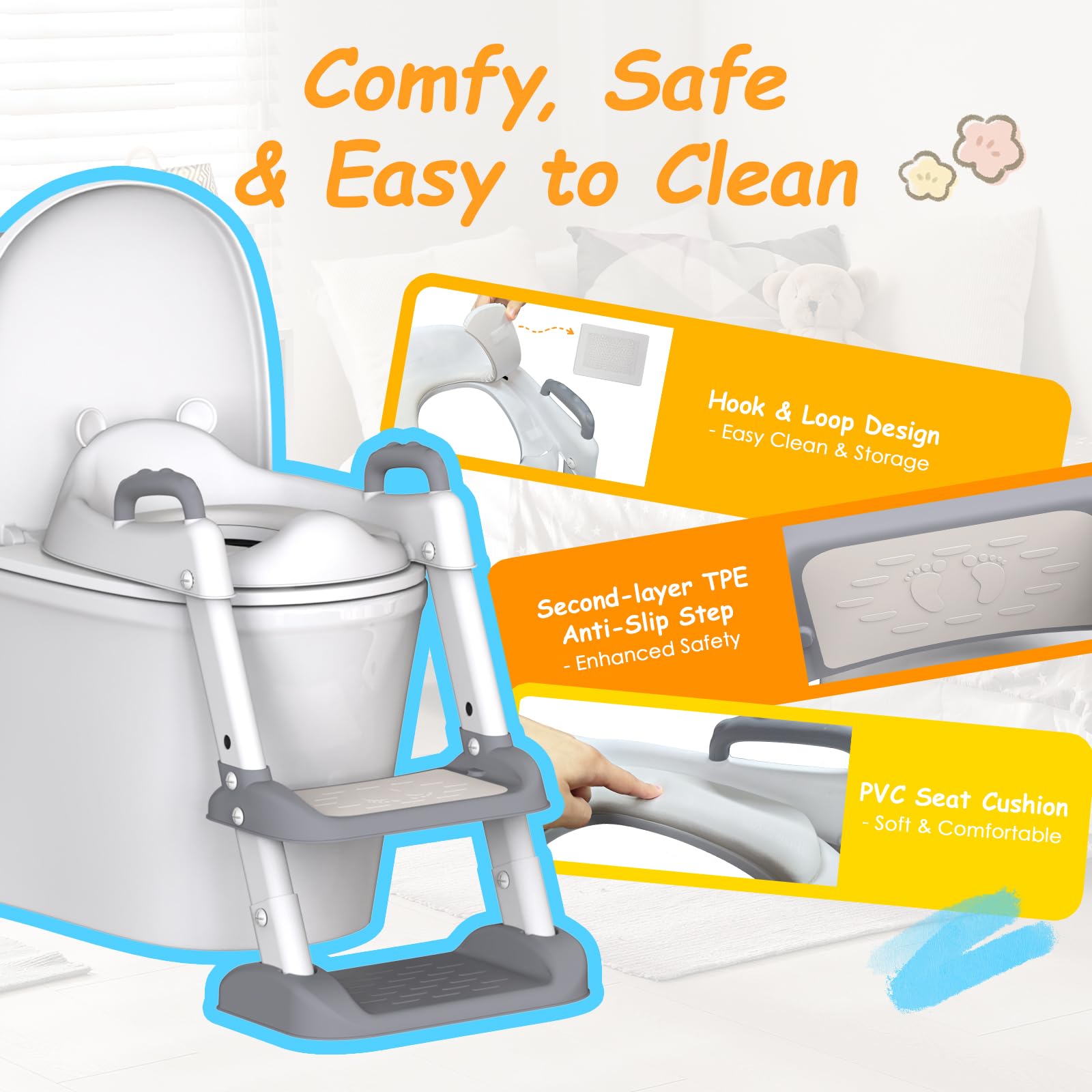 HBTower Potty Seat anti-slip steps ensure safe, confident climbing.