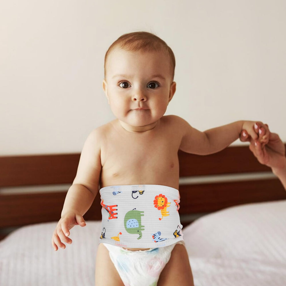 Healifty belly band with a cute cartoon design engages baby during dressing.