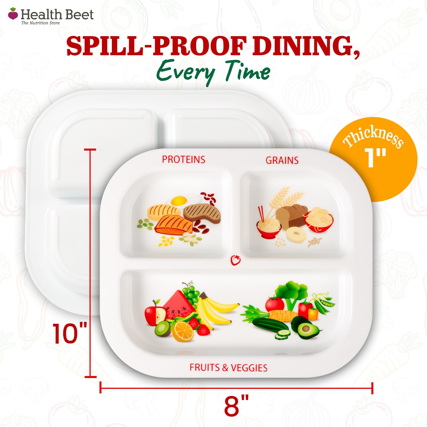 Health Beet MyPlate kid plate showing dishwasher-safe and microwave-safe features