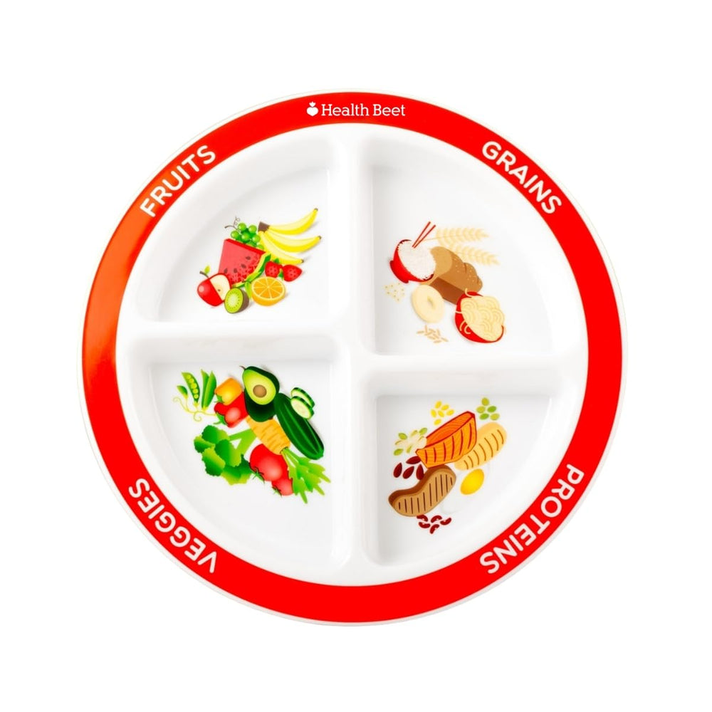 Health Beet MyPlate plate with four sections helps visualize balanced meals for kids.