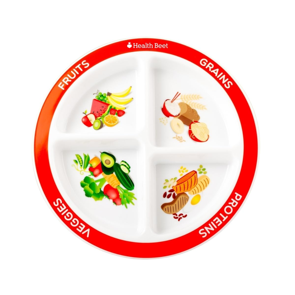Health Beet MyPlate plate with four sections helps visualize balanced meals for kids.