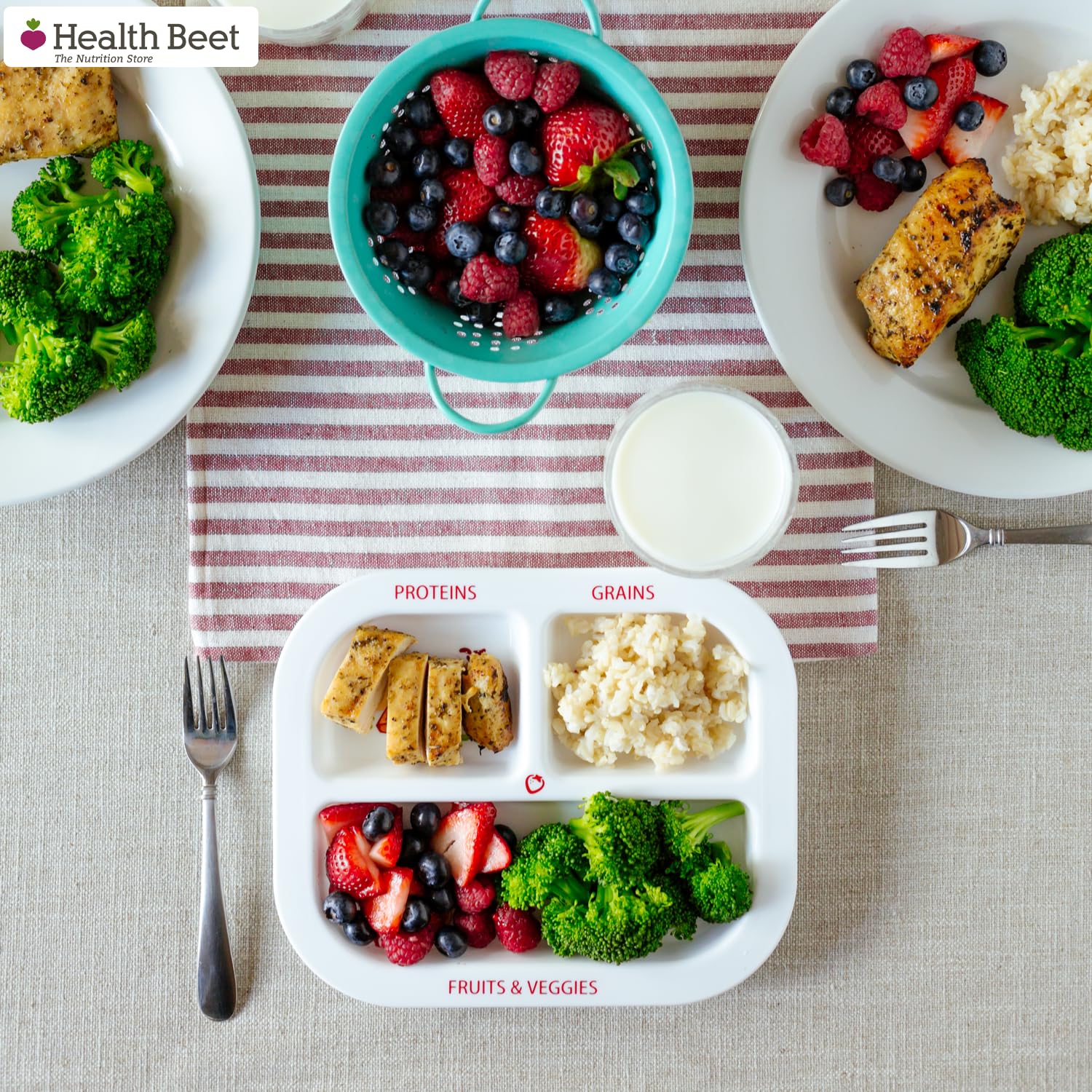 Health Beet MyPlate layout highlighting proteins, grains, and produce