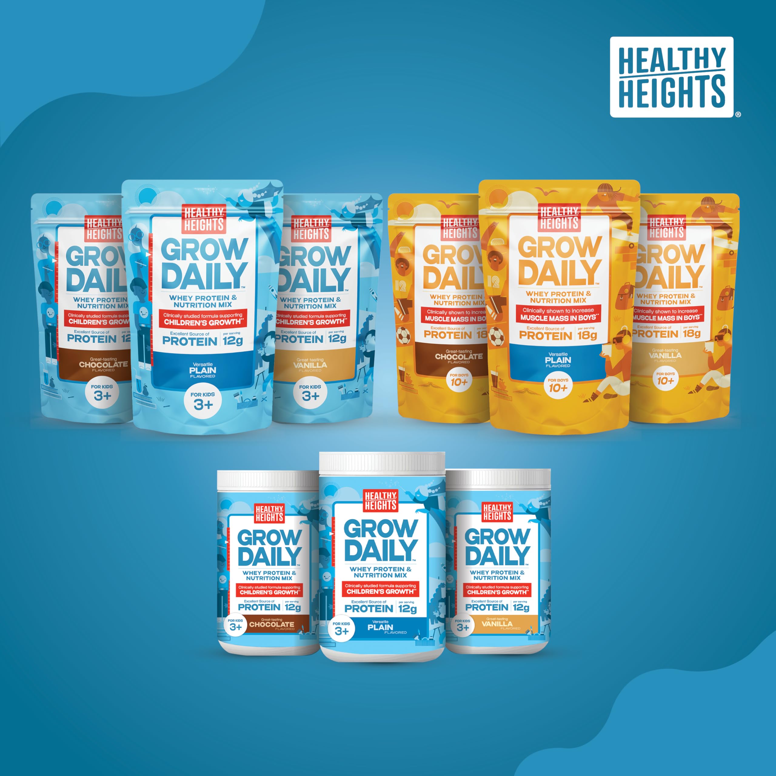 Healthy Heights Grow Daily chocolate drink image with active kids enjoying a snack.
