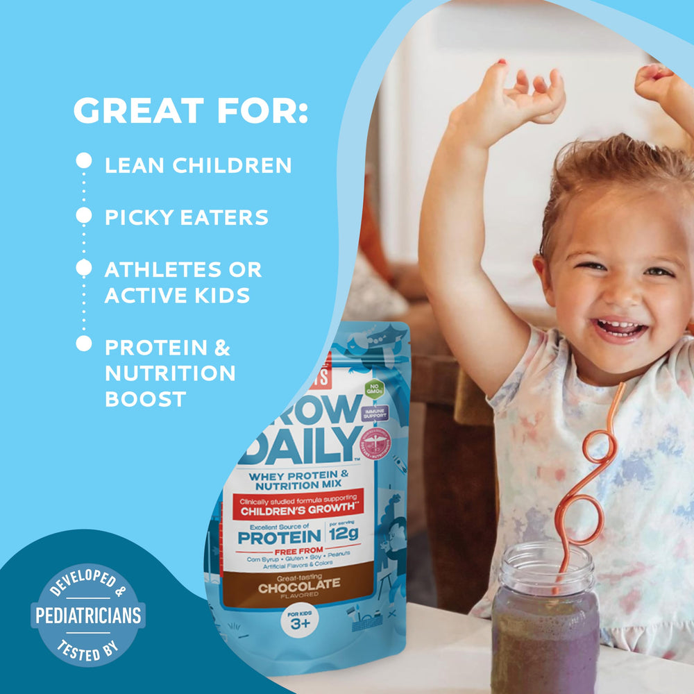 Healthy Heights Grow Daily chocolate pancakes idea shows a protein-powered breakfast option.