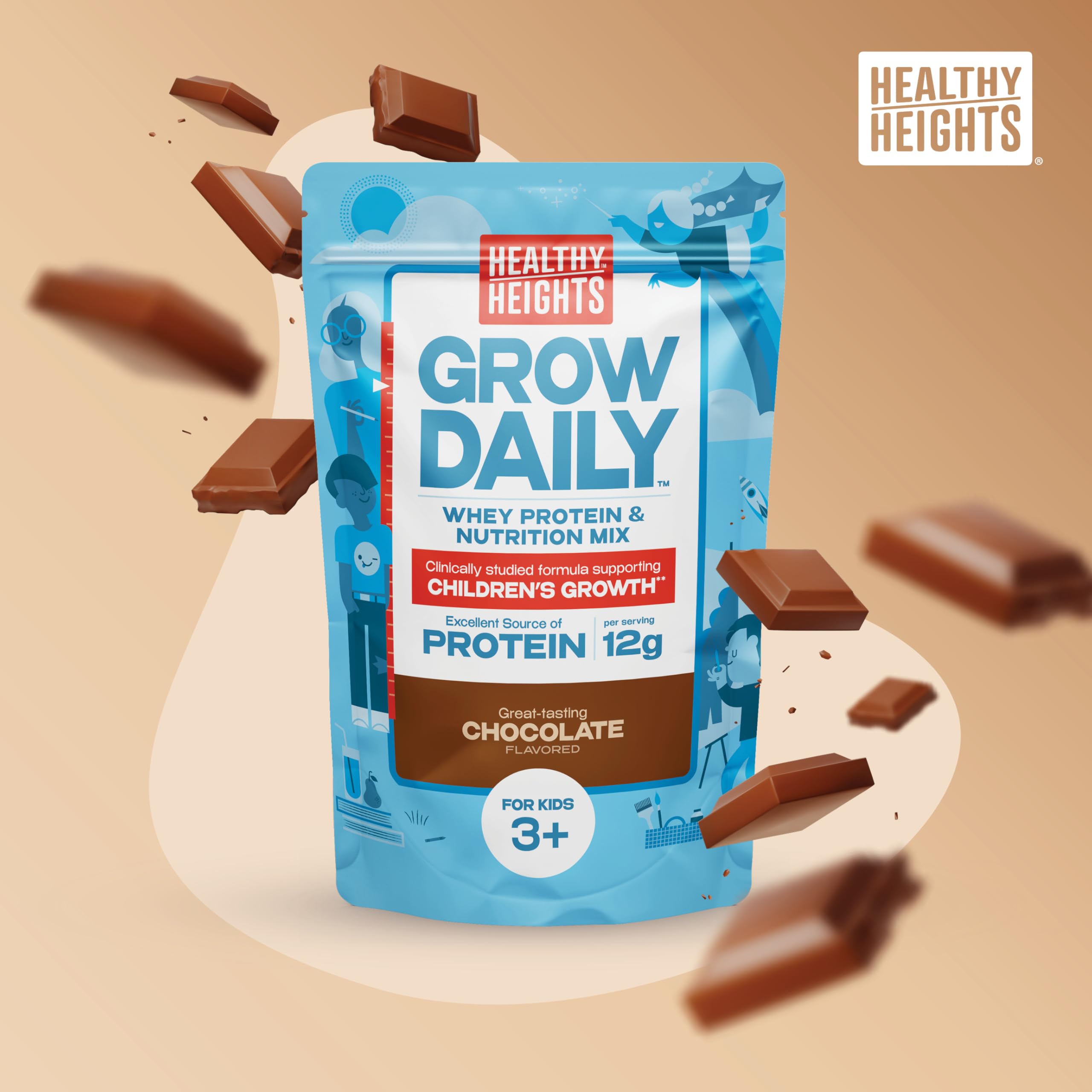 Healthy Heights Grow Daily chocolate scoop shows portion size for protein-rich servings.