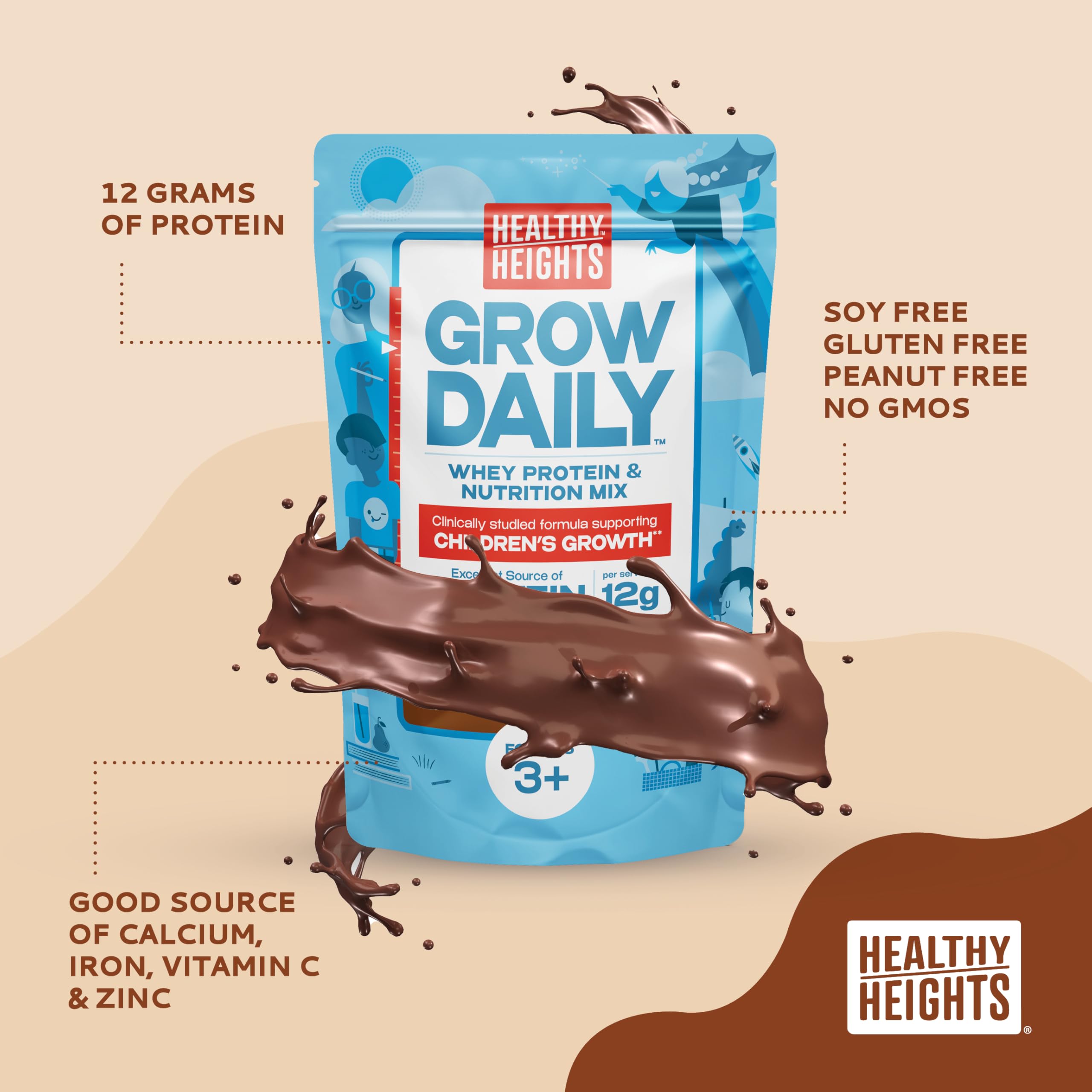 Healthy Heights Grow Daily chocolate shake glass demonstrates a kid-friendly protein drink after practice.