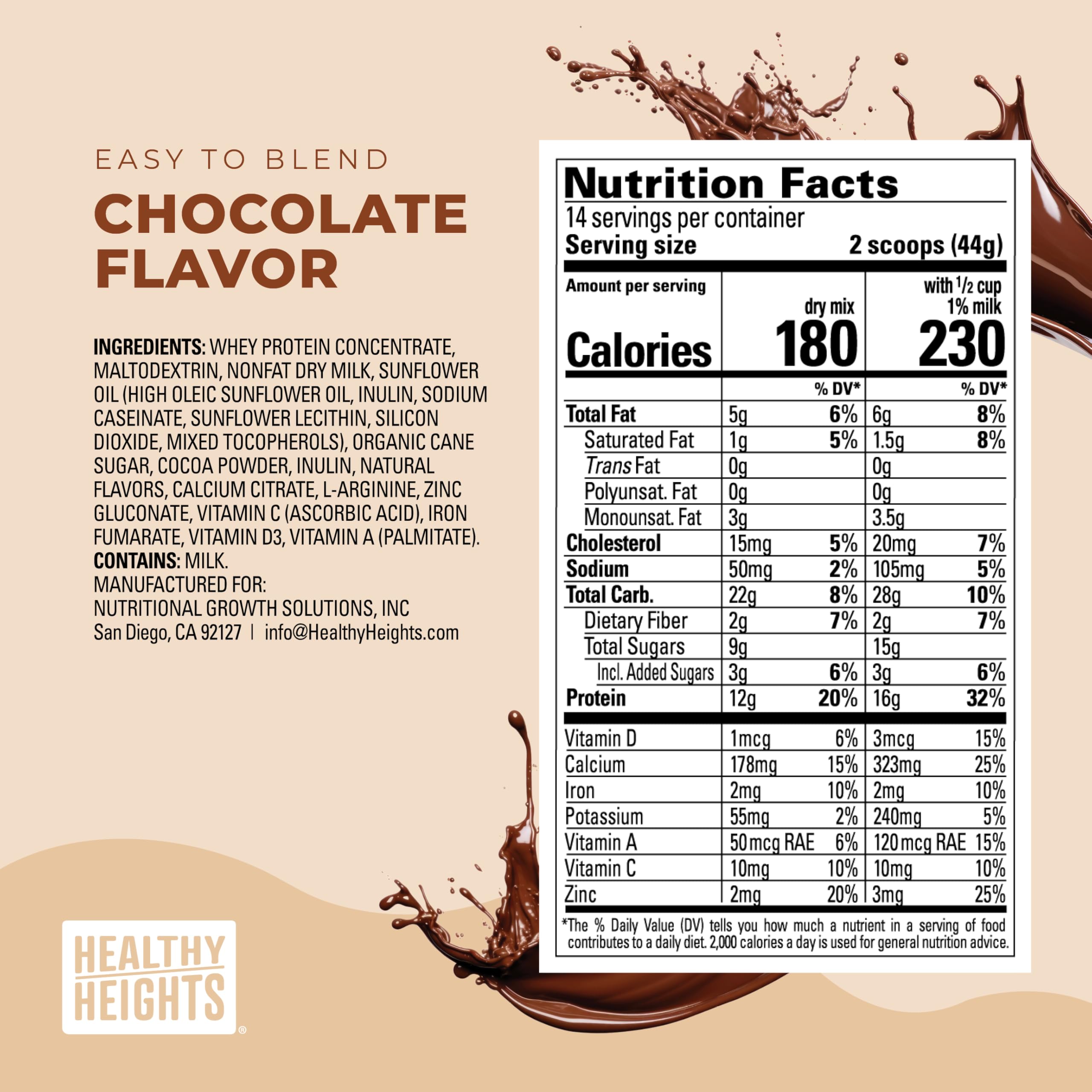 Healthy Heights Grow Daily chocolate mix tub ready to serve protein shake for growing kids.