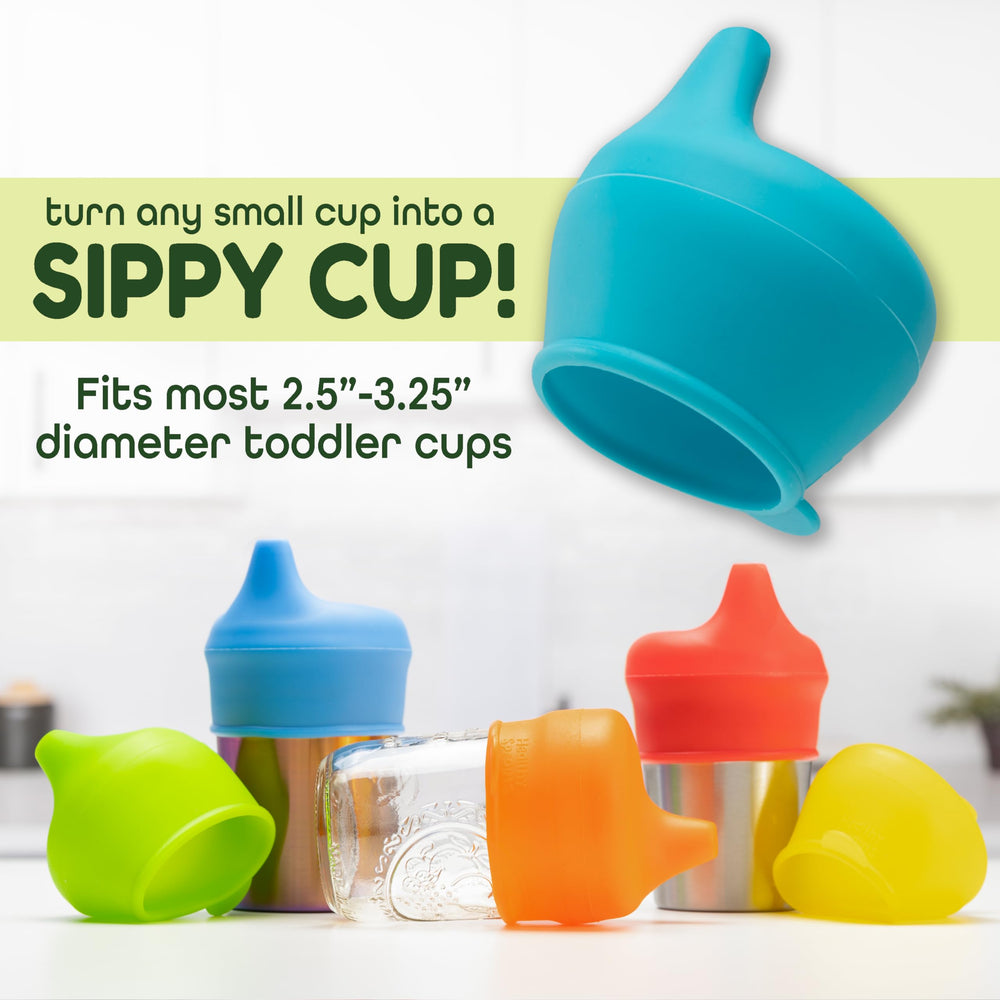 Healthy Sprouts silicone sippy cup lids green on cup ready for mess-free sipping during meals.