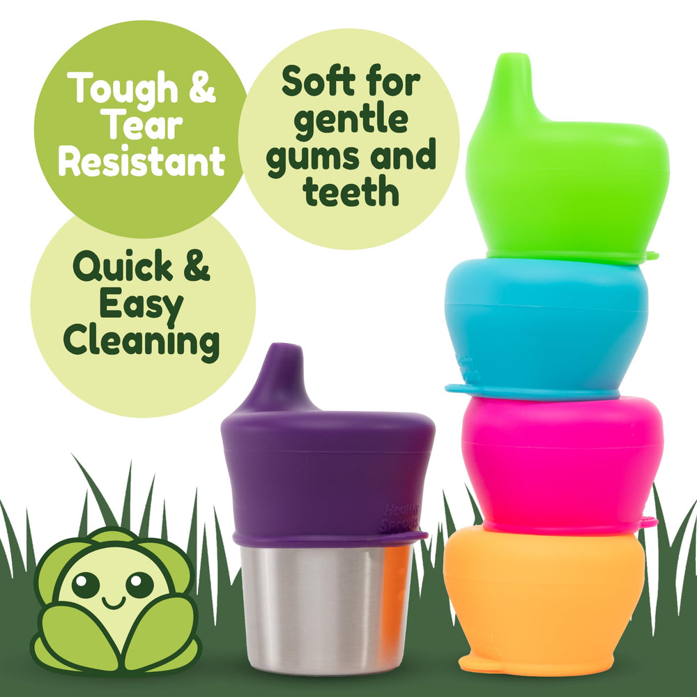 Healthy Sprouts silicone sippy cup lids pink attachment demonstrating secure fit for quick transitions.