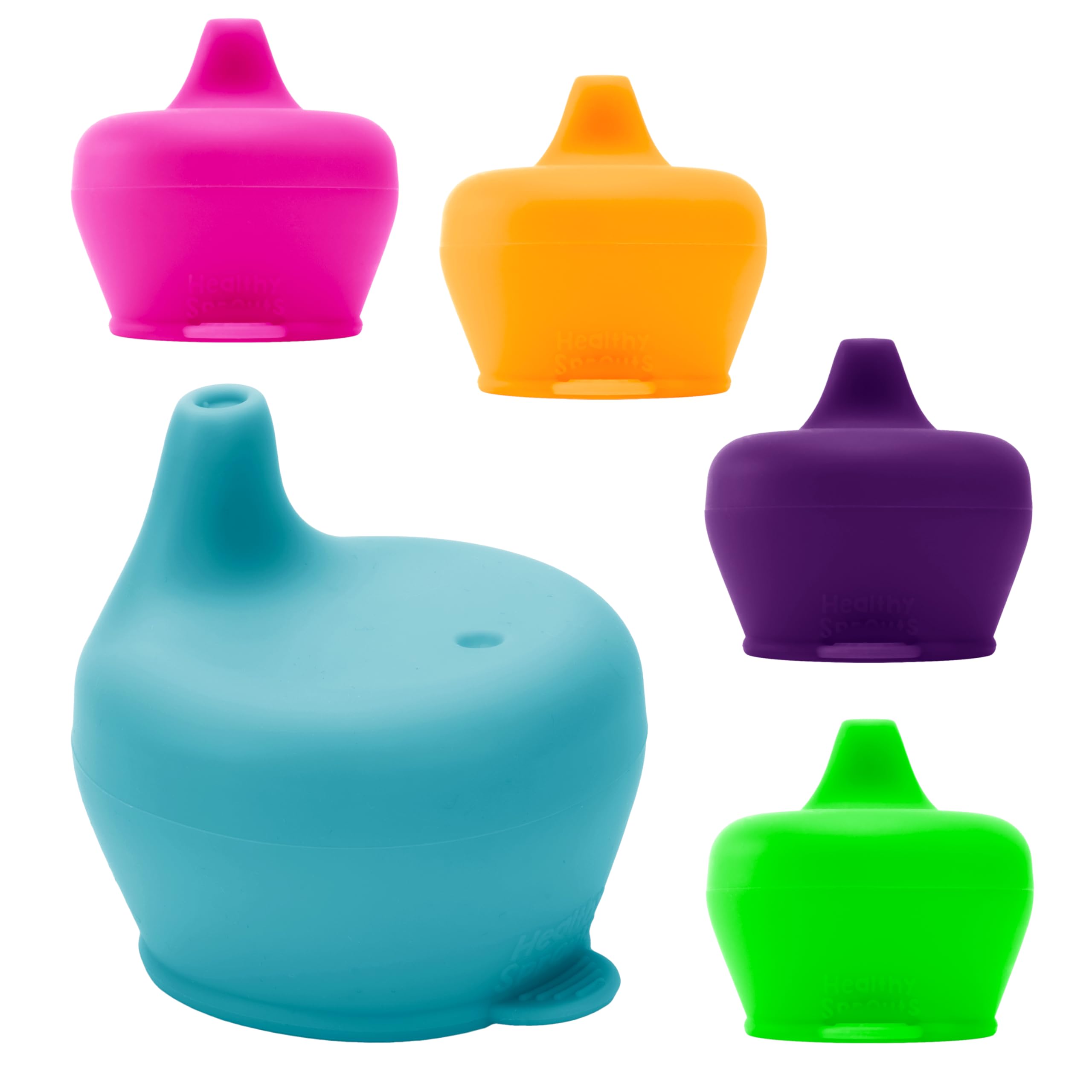 Healthy Sprouts silicone sippy cup lids purple closeup shows soft, leak-free seal for toddlers.