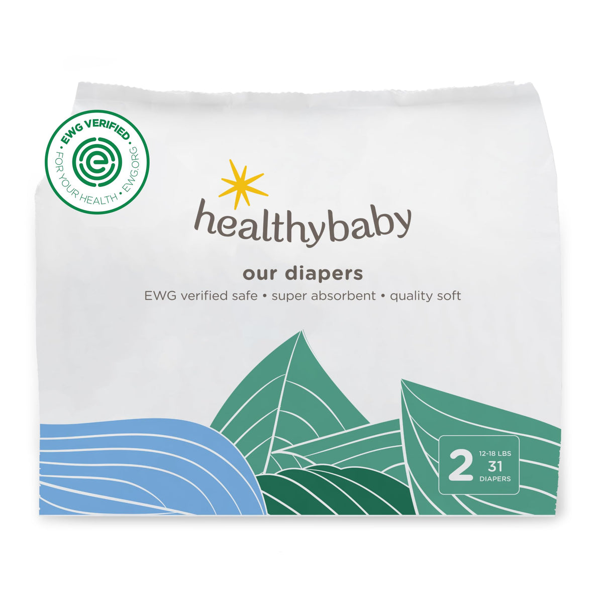 Healthybaby Our Diapers packaging highlights plant-based materials for gentle baby skin